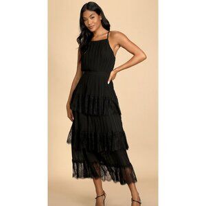 LULUS Came For Cocktails Black Pleated Tiered Lace Maxi Dress Evening Prom NWT